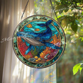 Whale Ocean Stained Glass Suncatcher, Round Underwater Coral Reef Window Panel, Marine Life Nautical Sea Glass Art Home Decor Gift